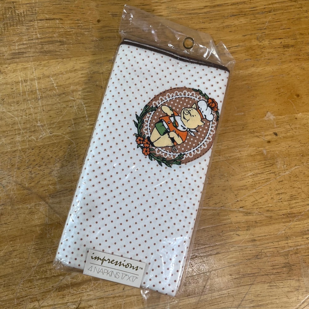 Impressions Vtg Napkins 17x17 White Brown Polka Dot Chef Pig Set of 4 NIP